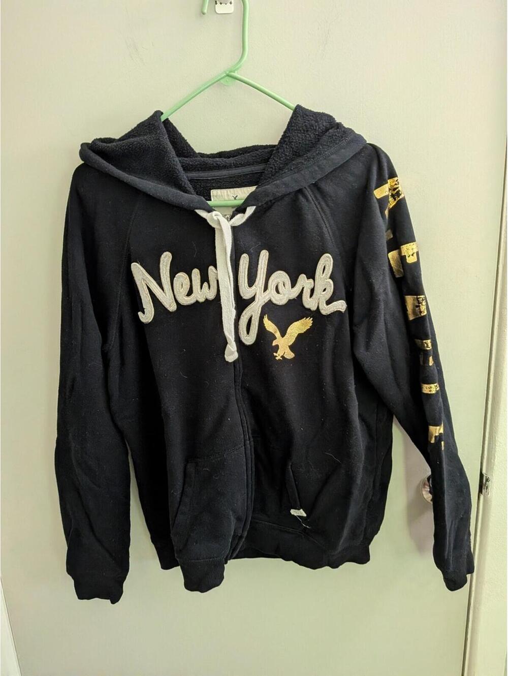 New York Script Zip Hoodie Juniors XL American Eagle Thick Chunky Soft Rare EUC